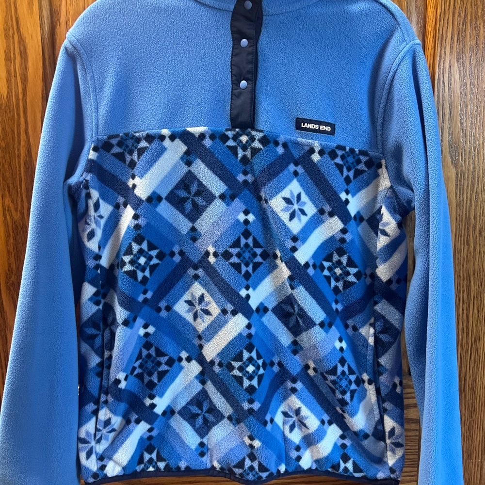 Lands' End womens quilt star patchwork Blue Patterned Fleece Pullover